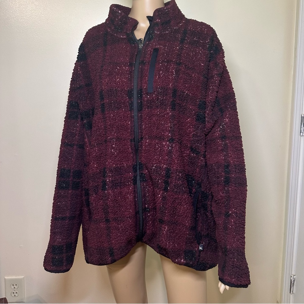 Eddie Bauer Red and Black Teddy Jacket Plush Fleece Mock Neck